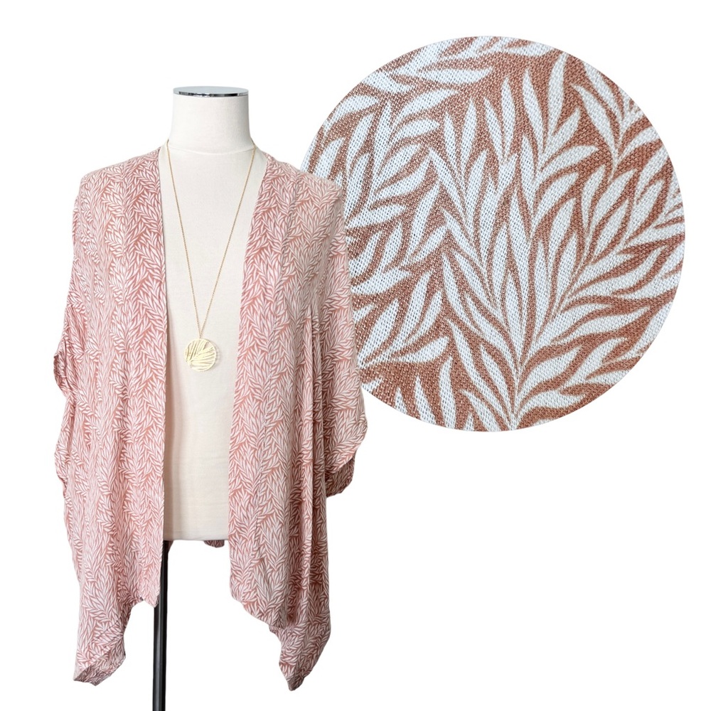 LOFT Pink Open Kimono Cardigan Lightweight Oversized Leaf Print Blush Cream XXS